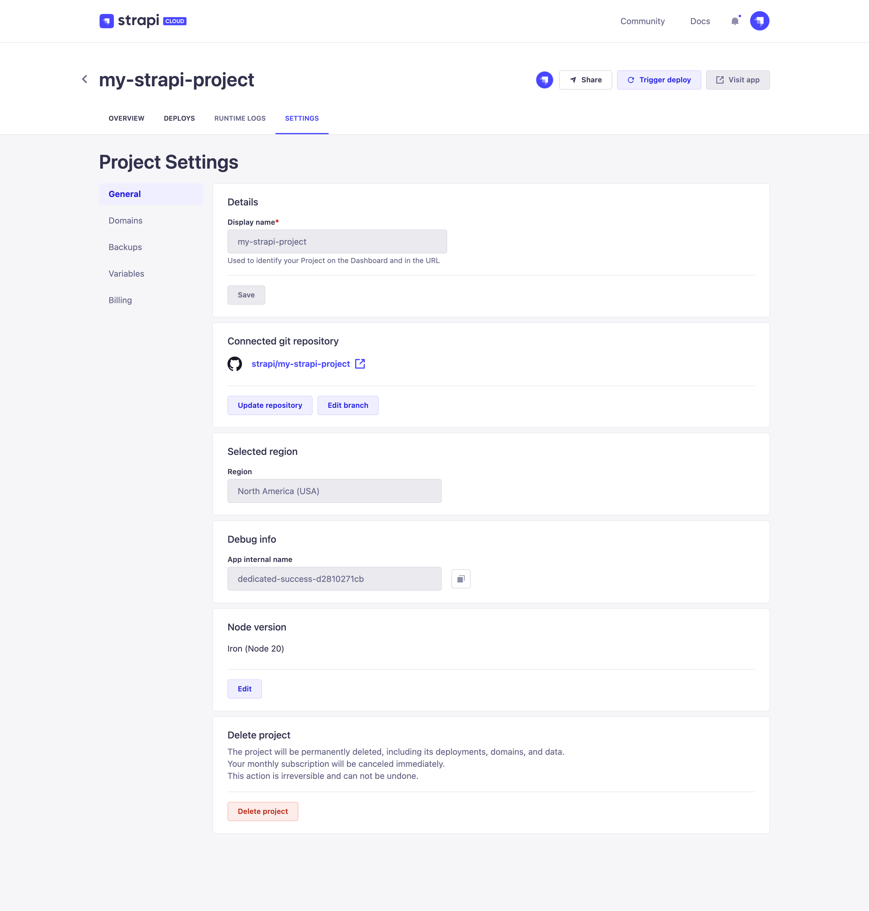 Project settings page